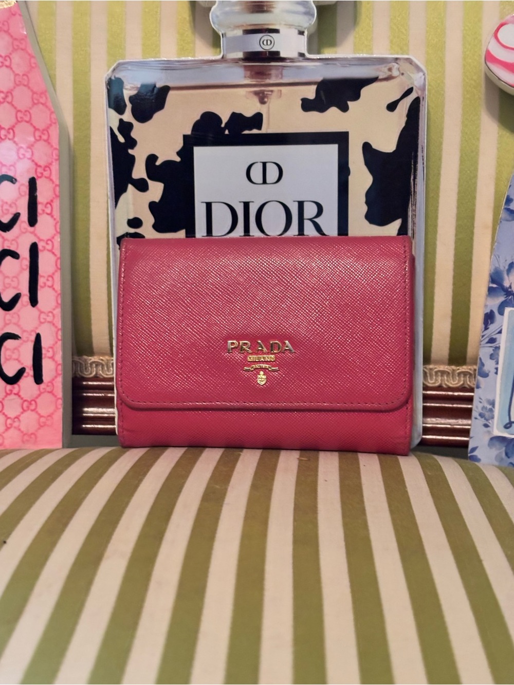 Prada Pink Saffiano Compact Flap Wallet with Gold Logo